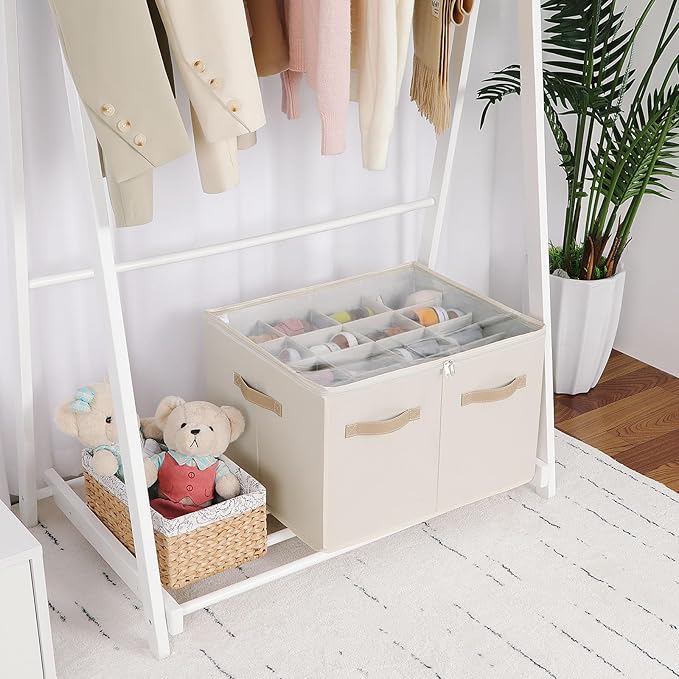 Shoe Organizer for Closet, Foldable Shoe Box with Adjustable Dividers and Clear Cover, Space Saving Shoe Storage Organizer Cabinet with Reinforced Handles, Fits 16 Pairs, Beige TP09Y