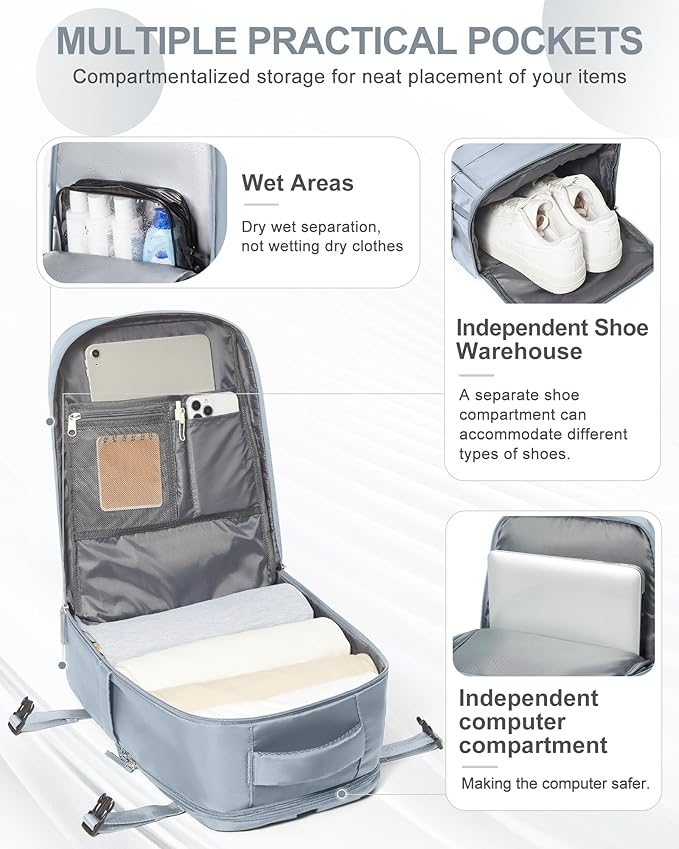 coowoz Travel Backpack Carry On for Women Man Gym Backpack with Laptop Compartment Mochila de Viaje Teacher Personal Item Backpacks Rucksack Airplane Accessories Must Haves Grey Blue Small