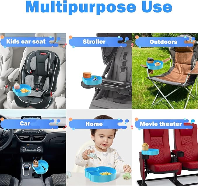 Kids Car Seat Tray, Travel Tray with Cup Holder for Toddler Baby, Kids Car Seat Food Snack Organizer for Road Trip, Stroller snack Organizer Travel Must Haves Toddler Must Haves (Sky Blue, 1 PCS)