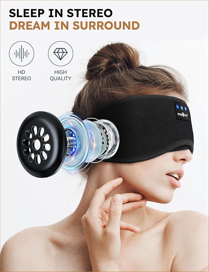 MUSICOZY Sleep Headphones Bluetooth 5.4 Headband Sleeping Eye Mask for Mom Women Men Wireless Music Earbuds Earphones for Side Sleepers Built-in HD Speakers Cool Gadgets Unique Gifts