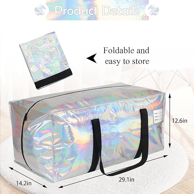 8 Pack Heavy Duty Moving Bags 24-Gallon Extra Large Waterproof Foldable Clothing Storage Totes Bags with Zipper,Reinforced Handles,Packing Moving Boxes for Dorm & Seasonal Storage,Iridescent
