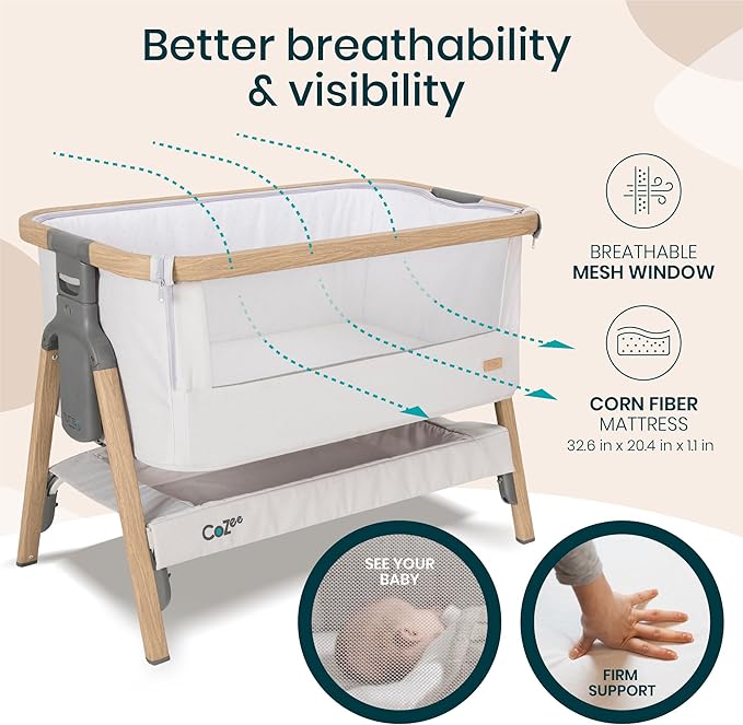 CoZee® 2-in-1 Baby Bassinet & Bedside Sleeper - Fast-Folding Bedside Bassinet, Baby Crib with 6 Mattress Heights & Breathable Mesh Window, Mattress Included, 0-6 Months (Silver & Oak)