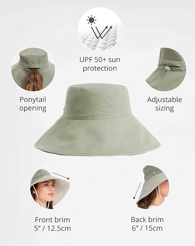 Solbari Women’s Ultra-Wide Cotton Linen Sun Hat UPF 50+, Packable, Adjustable with Ponytail Hole for Travel, Beach & Outdoors