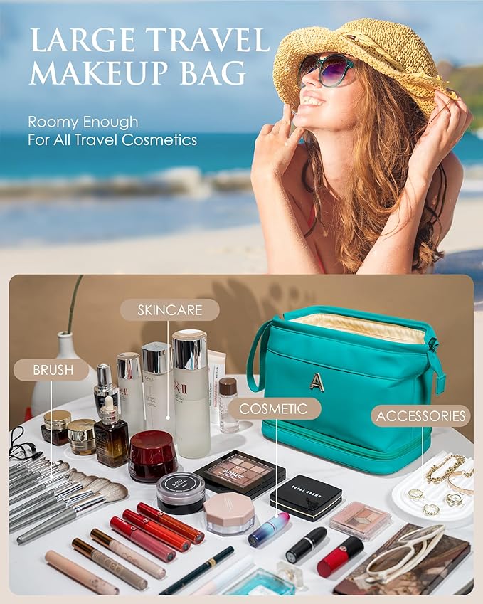 Granddaughter Birthday Gift for Her, Makeup Bags, Waterproof Double Layer Cosmetic Bag, Large Capacity PU Leather Makeup Bags Letter Travel Toiletry Bag, Initial Gifts for Coworkers