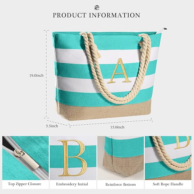 YOOLIFE Initial Canvas Waterproof Beach Tote Bag Zipper Personalized Gifts for Women Her Birthday Travel Beach Essential