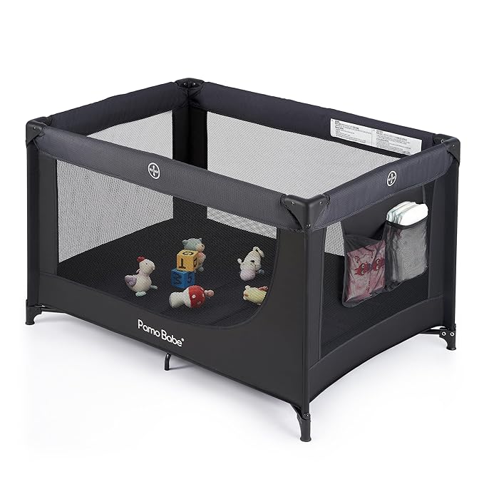 Pamo Babe Portable Crib Baby Playpen with Mattress and Carry Bag (Black)
