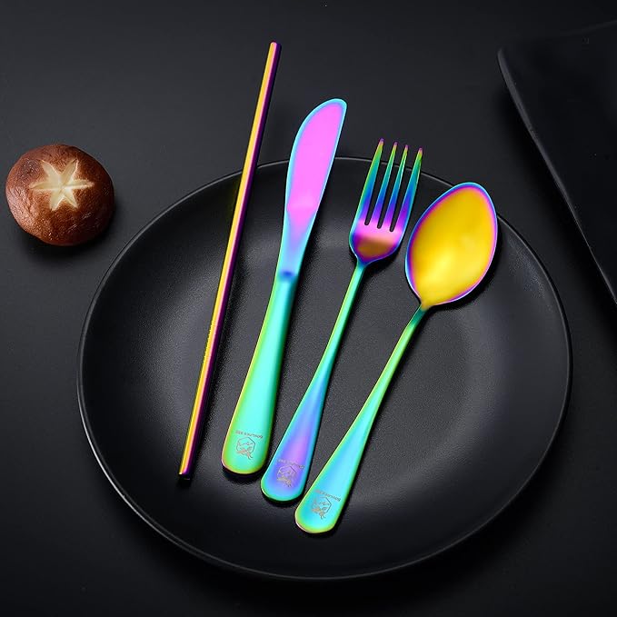 Boulder Bee | Travel Utensils Set | Reusable Camping Cutlery Set | Stainless Steel Flatware Set | Portable Silverware Set with Case | Includes Knife/Fork/Spoon/Straw/Cleaning Cloth/Case (Rainbow)