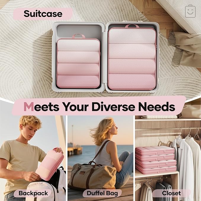 Veken 6/9/11 Set Compression Packing Cubes for Travel Essentials,Compressible Expandable Large Luggage Suitcase Organizer Bags for Clothing,Durable Space Saver Storage Bags(Pink)