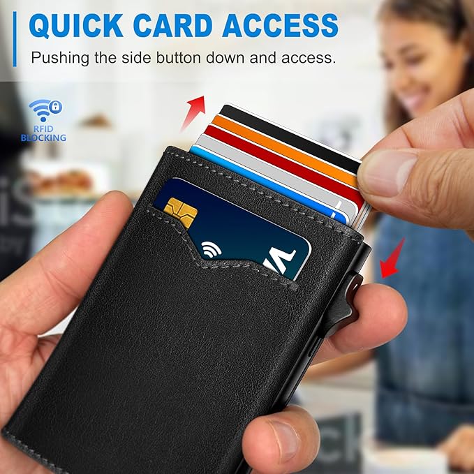 Wallet for Men,with Cash Pocket 2 ID Window 9-13 Cards,Metal Case Smart Slim Pop Up Credit Card Holder Flip with Magnetic Closure RFID Blocking Trifold wallet with Gift Box