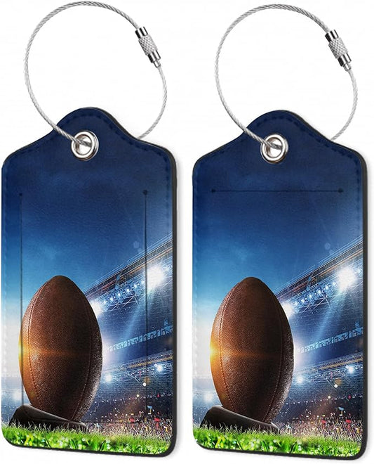 Set of 2 Luggage Tags,American Football Leather Suitcases Tag Identifiers with Privacy Name Address Labels & Durable Steel Loop for Women Men Travel