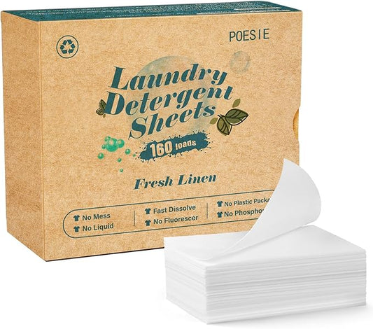 Poesie Laundry Detergent Sheets Fresh Linen Scent 160 Sheets 80 Large Loads Plastic Free Fast Dissolve Washing for All Washing Machine Traveling Dorm Life Save Space