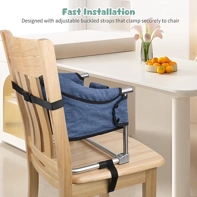 Booster Seat for Dining Table: Portable Toddler Booster Chair with Safety Buckle and Height Adjustable, Foldable Baby Feeding Chair, Kids High Chair Booster Seat for Kitchen Home Travel - Navy Blue