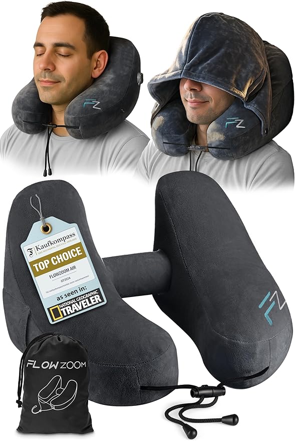 Air Inflatable Neck Pillow for Traveling on Plane - H-Shape Hooded Airplane Pillow with 5 Snooze Modes, Fast Inflation, Pressure Control, Cozy Clip-On Hood & Plushy Cover - Size L, Jet Black