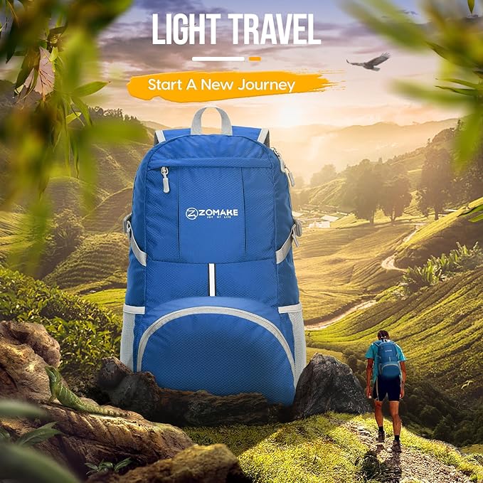 ZOMAKE Lightweight Packable Backpack 35L, Light Foldable Backpacks Water Resistant Collapsible Hiking Bag, Compact Folding Day Pack for Travel Camping(Dark Blue)
