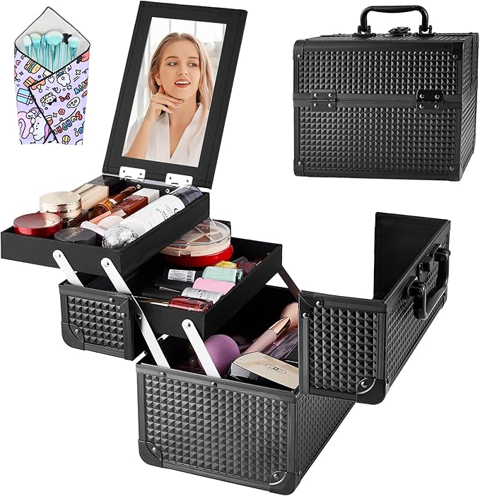 Makeup Train Case, Portable Makeup Case with Mirror, 2-Trays Cosmetic Organizer Case,Nail Polish Organizer, Travel Makeup Box, Profesional for Salon Barber, Black