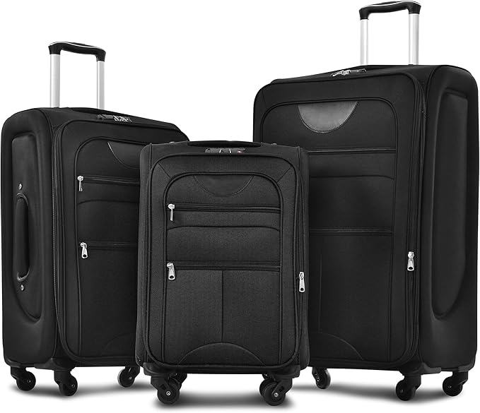 Merax Softside Luggage Set Softshell Lightweight 3 Piece Spinner Suitcase 22" 26" 30" Black