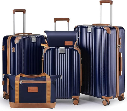 Luggage Set 3 Piece Luggage with PC+ABS Hardshell TSA Lock Spinner Wheels Carry on Lightweight Suitcase，YKK Zippers (Navy, 5 piece sets(20/24/28/DB/TB))