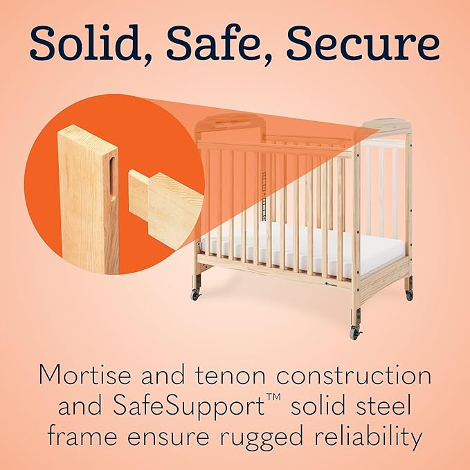 Foundations Serenity Compact Daycare Crib, Fixed Side, Features Mirrorview End Panels and Slatted Side Panels, Durable Wood Construction, Includes 3” InfaPure Foam Mattress (Natural)