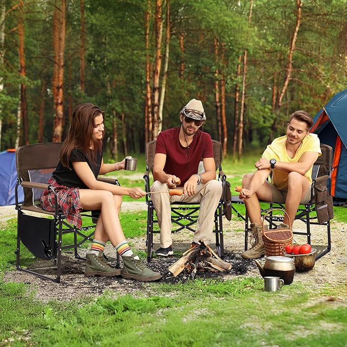 VINGLI Camping Chairs, Directors Chair, Camping Chair with Side Table & Carry Bag，Heavy Duty Camping Chairs for Adults, Portable Folding Camping Chair, Pocket for Beach, Fishing,Trip,Picnic,Lawn-Brown