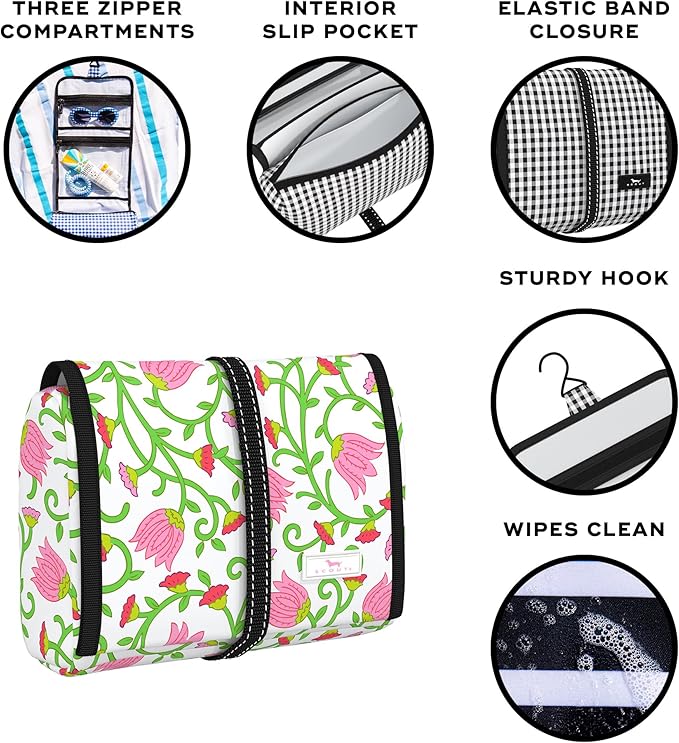 SCOUT Beauty Burrito Hanging Toiletry Bag - Cosmetic Organizer with 3 Compartments, Rolls Up to Pack, Hook for Hanging