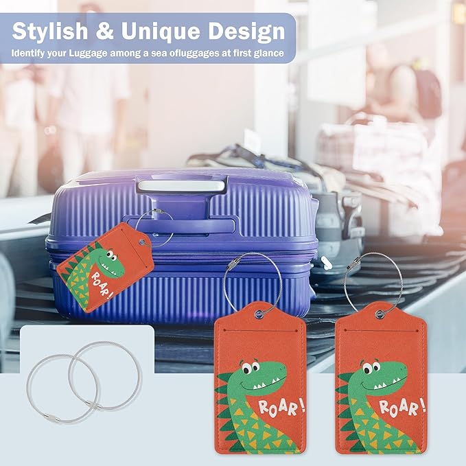 2 Pack Luggage Tags,Leather Suitcase Tags with Privacy Cover Name Address Labels& Durable Steel Loop for Men/Women Travel Bag Suitcases(Cute Cartoon Dinosaur)