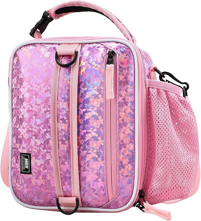 MIER Expandable Lunch Bag Insulated Lunch Box for Teen Girls Women to School Work Travel Portable Lunchbox Bags with Shoulder Strap and Water Bottle Holder(Pink)