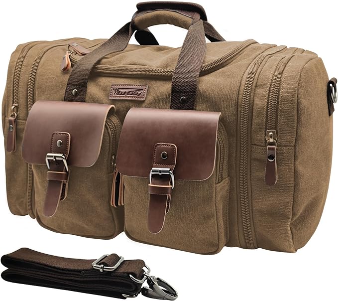 Wildroad 50L Travel Duffel Bag, Expandable Canvas Genuine Leather Duffle Bag Upgraded Overnight Weekender Carry on Bag