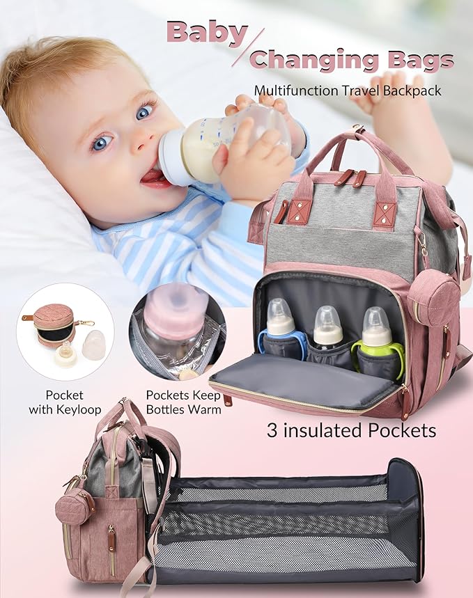Diaper Bag with Changing Station, Waterproof 3 in 1 Baby Diaper Backpack with Foldable Changing Pad, Pink-Grey