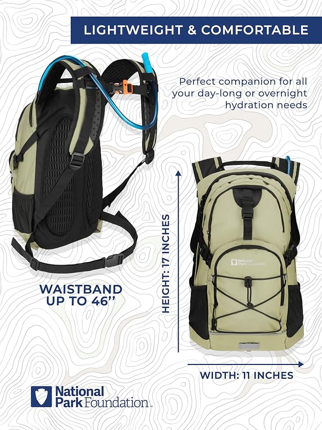 National Park Foundation 18L Hydration Backpack with 2 Liter Hydro Water Bladder Bag, Lightweight Daypack for Cycling, Hiking, Running, Climbing, for Men Women Kids