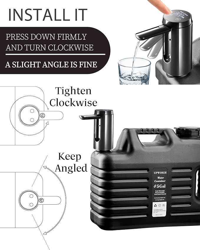 Portable 5 Gallon Water Jug with Automatic Touch Control Pump,Truly No Leakage Water Container with Spigot,Type-C Rechargeable Black Water Pump Gear for Outdoors Camping Hiking