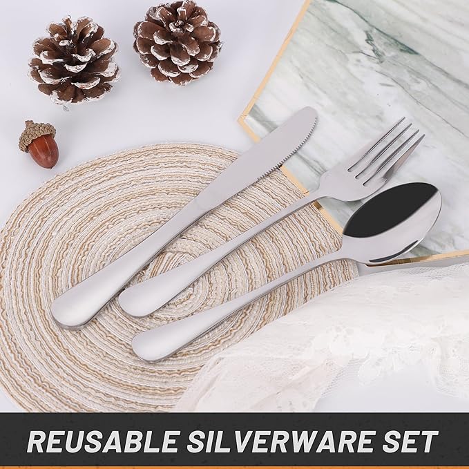4 Piece Travel Utensils Camping utensils Travel Silverware Set with Case Fork and Spoon Set Office Stainless Steel Reusable Trip Cutlery Set Easy to journey Lightweight Lunch Box for Men