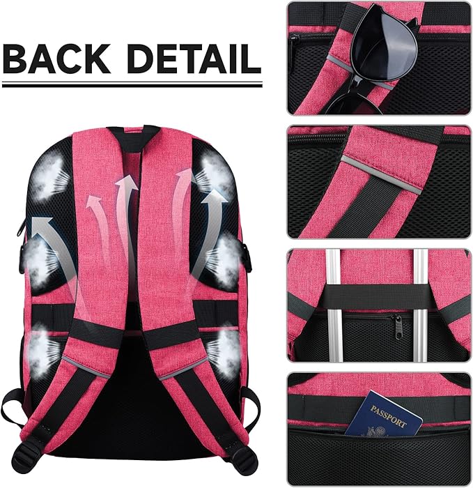 Lapsouno Travel Laptop Backpack, 15.6 Inch Travel Laptop Backpack, Water Resistant Casual Hiking Daypack, Computer Bag with USB Port, College School Business Backpack for Women, Pink