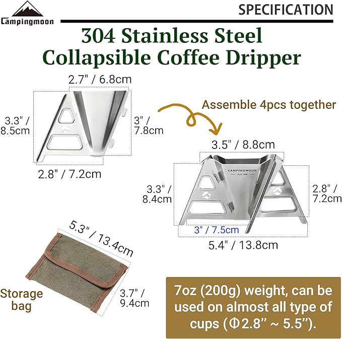 CAMPINGMOON Collapsible Coffee Dripper Pour Over Camping Outdoor 304 Stainless Steel COF-01