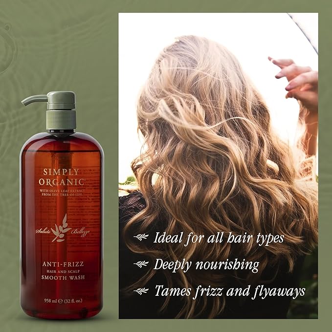 SIMPLY ORGANIC Frizz Control Hair Shampoo Scalp Wash Made in Italy, All Natural Cruelty Free Hair Care for Women & Men with Aloe Leaf Juice & Olive Leaf Extract, 32 fl oz/958 ml, ANTI-FRIZZ