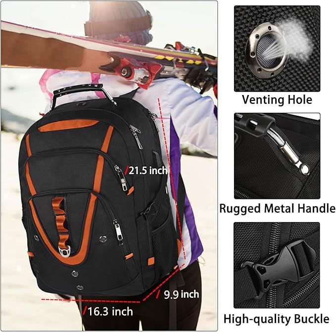 18.4 Laptop Backpack Women Men, 55L-60L Flight Approved Extra Large Travel Backpack RFID Anti Theft and TSA Friendly Backpack, Water Resistant College School Heavy Duty With USB Charging Port, Orange