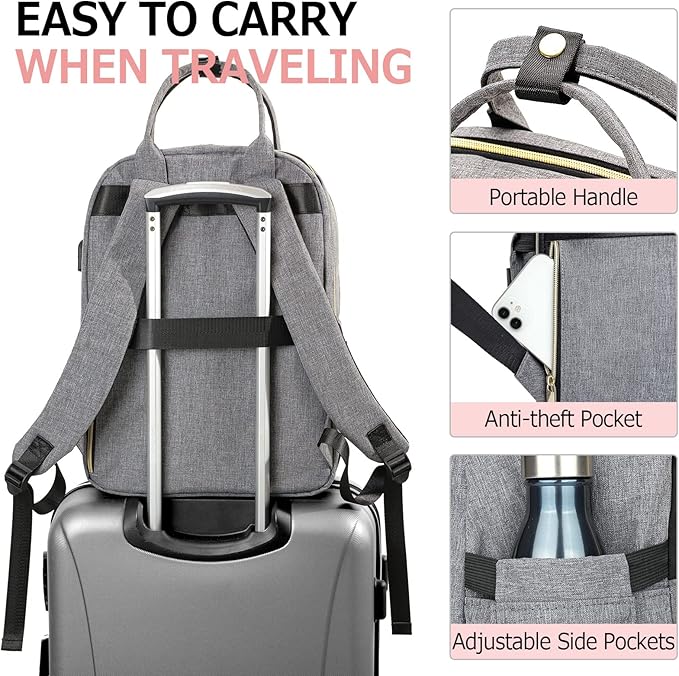 Travel Backpack for Women, 15.6 Inch Work Laptop Backpack, Water Resistant Backpack for Business with USB Charging Port, Anti-theft Student Teacher Bookbags, Large Daypacks for Women, Grey