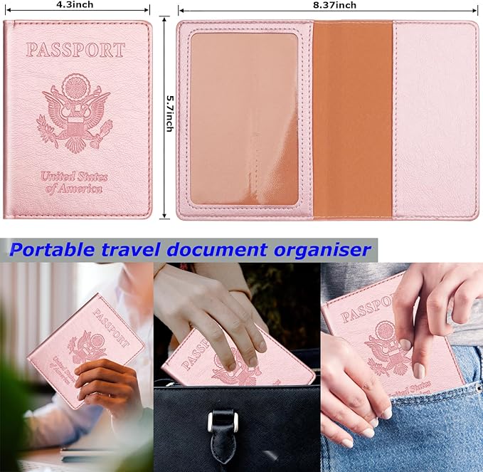 Herain Passport Holder 2Pcs, Passport Cover Wallet Case for Women Men Family, Passports Book Holders Travel Must Haves Cruise Ship Essentials (Dark Blue & Rose Gold)