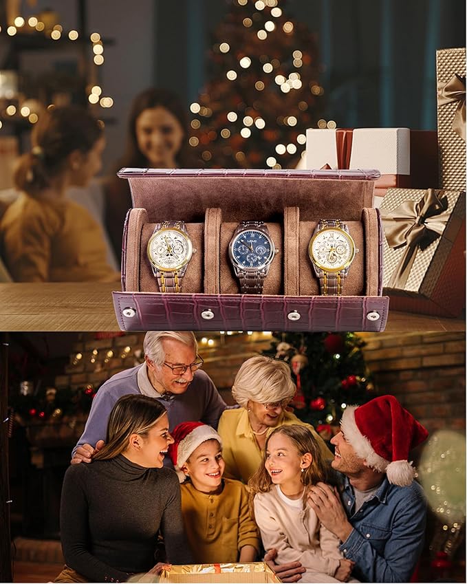MR.OKAY 3 Watch Travel Case-Classic Leather Watch Case With Superb Texture. (Portable Watch Roll Or Organizer For Storage And Display).Festival Gift For Men, All Handcrafted By Artisans.
