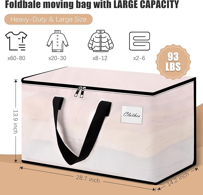 Heavy Duty Moving Bags and Moving Boxes - Extra Large Packing Bags and Storage Totes, Collapsible and Foldable Option for Moving and Storage, Multicolored, 93 L - 12 Pack
