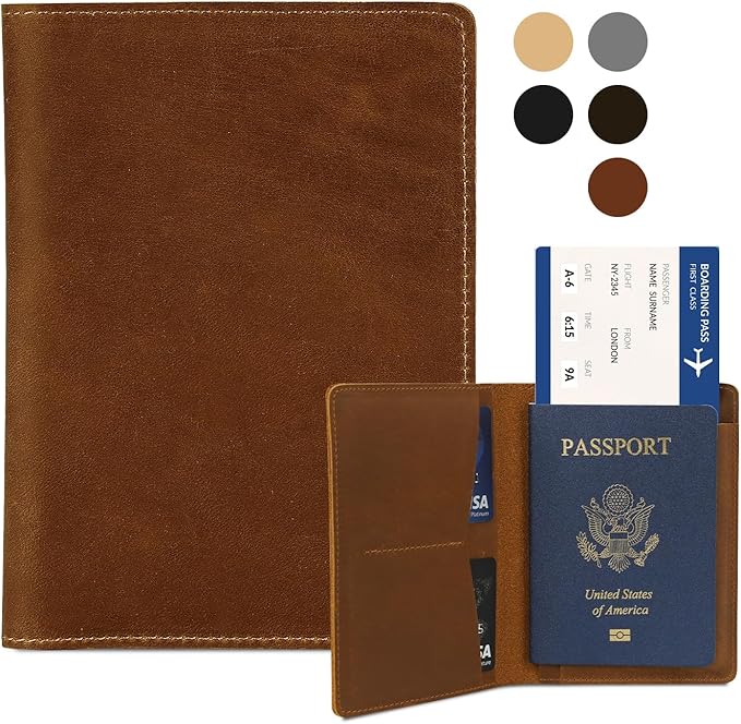 Real Leather Passport Holder for Men and Women, Handmade Wallet Cover Case, Travel Must-Haves Essentials Accessories, Birthday Gifts (Crazy Horse, Brown)