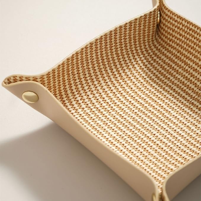OLETHA Small Foldable Valet Tray - Aesthetic Desk Organizer for Home, Office & Travel - Portable Catch All Bowl for Keys, Scrunchie & Jewelry - Rattan Textured, Beige
