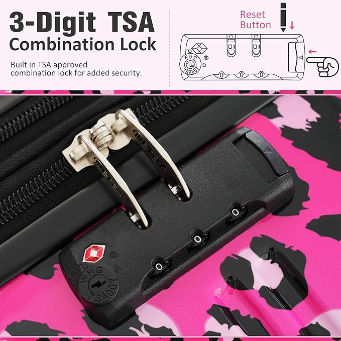 Merax Luggage Sets 3 Piece, Hardside Expandable Suitcase Set with Spinner Wheels, Lightweight Leopard Luggage 20+24+28 IN, Leopard Hot Pink