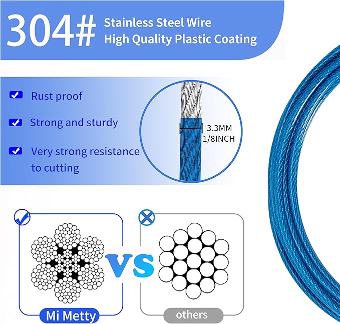 3.3mm (1/8 Inch) Outdoor Travel Stainless Steel Security Cable-6ft Luggage Lock Safety Wire Flexible Steel Wire Rope with Double Loop Safety for Luggage, Bike, Lock(Black+Blue, 6ft-(2Pack)
