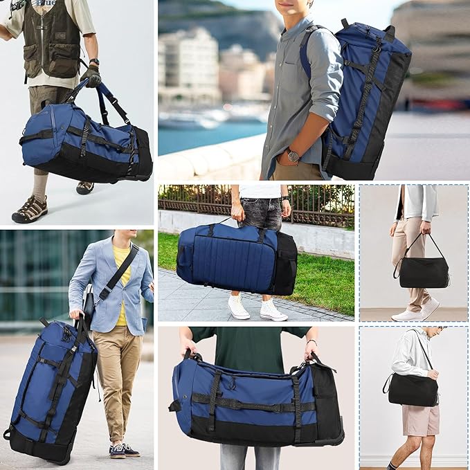 CONTAIL 86L Foldable Wheeled Duffel Backpack with Padded Quilted Bottom,Waterproof Travel Duffle Bag with Extended Handles,Navy