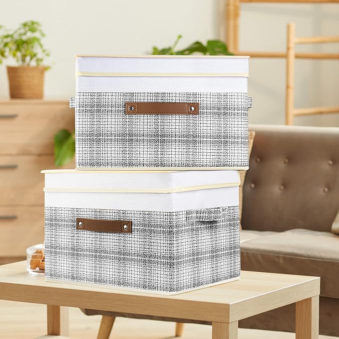 TYEERS Collapsible Storage Bins with Lids, Patchwork Design, Washable, Fabric Storage Boxes, 14.9x9.8x9.8 inches, 5 Pack, Gray