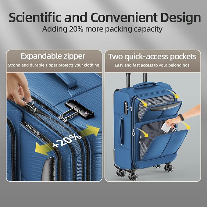 SHOWKOO Luggage Sets 3 Piece Softside Expandable Lightweight Durable Suitcase Sets Double Spinner Wheels TSA Lock Sky Blue (20in/24in/28in)