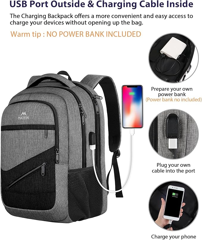 MATEIN 17 Inch Work Backpack for Men Women, Water Resistant Practical Travel Laptop Backpack with Trolley Sleeve, Casual College Daypack Laptop Compartment TSA Friendly, Grey Black