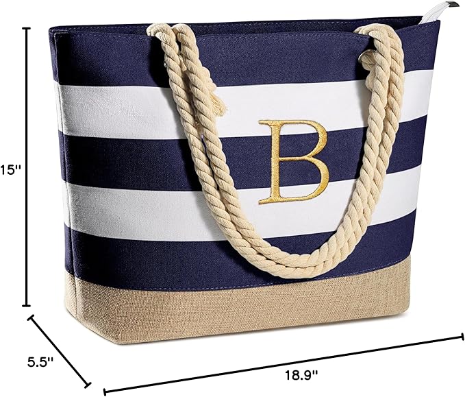 YOOLIFE Initial Canvas Waterproof Beach Tote Bag Zipper Personalized Gifts for Women Her Birthday Travel Beach Essential