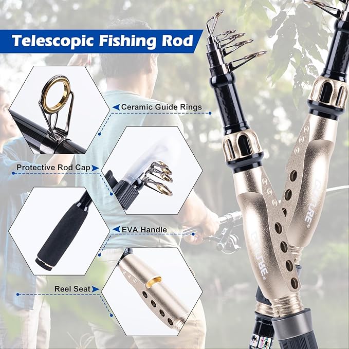 Goture Fishing Rod and Reel Combo - Carbon Fiber Telescopic Fishing Pole - Spinning Reel 9+1 Shielded Bearings Stainless Steel BB - E