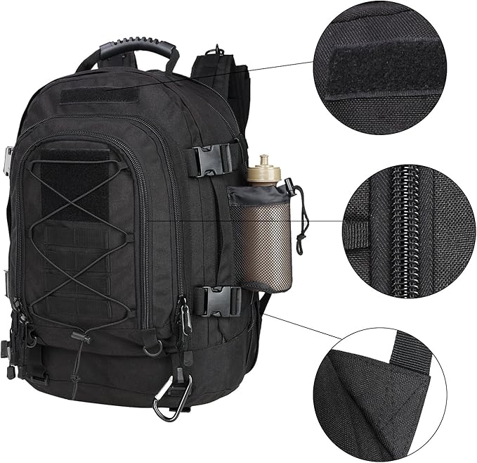 Large Tactical Backpack for Men Military Backpack with DIY System for Travel, Work,Camping,Hunting,Hiking,Sports (BLACK)